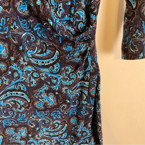 Talbots Petites Sheath Dress Women's SP Blue Black Paisley Print Ruched Preppy - Picture 4 of 8
